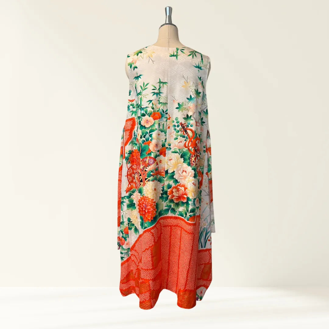 Kimono Dress|Lined Orange Shibori Floral A-Line Maxi Dress