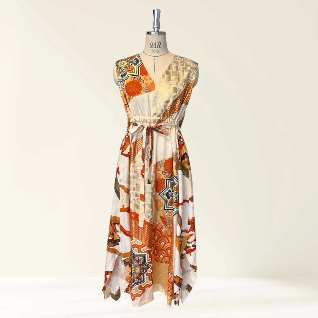 Kimono Dress|Lined Beige Geometric A-Line Maxi Dress