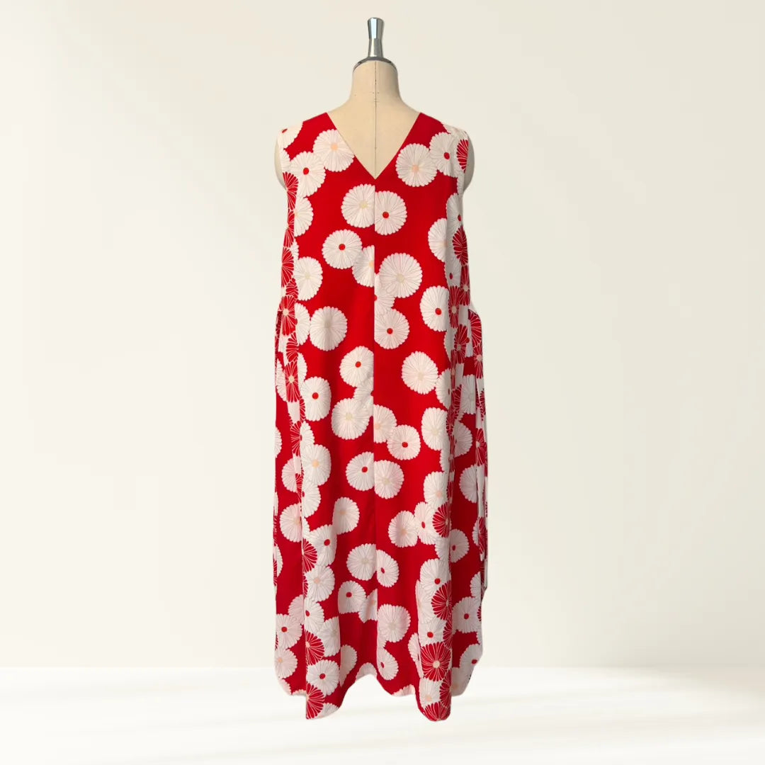 Kimono Dress|Red & White Chrysanthemum A-Line Maxi Dress