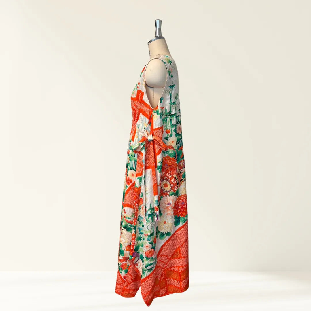 Kimono Dress|Lined Orange Shibori Floral A-Line Maxi Dress