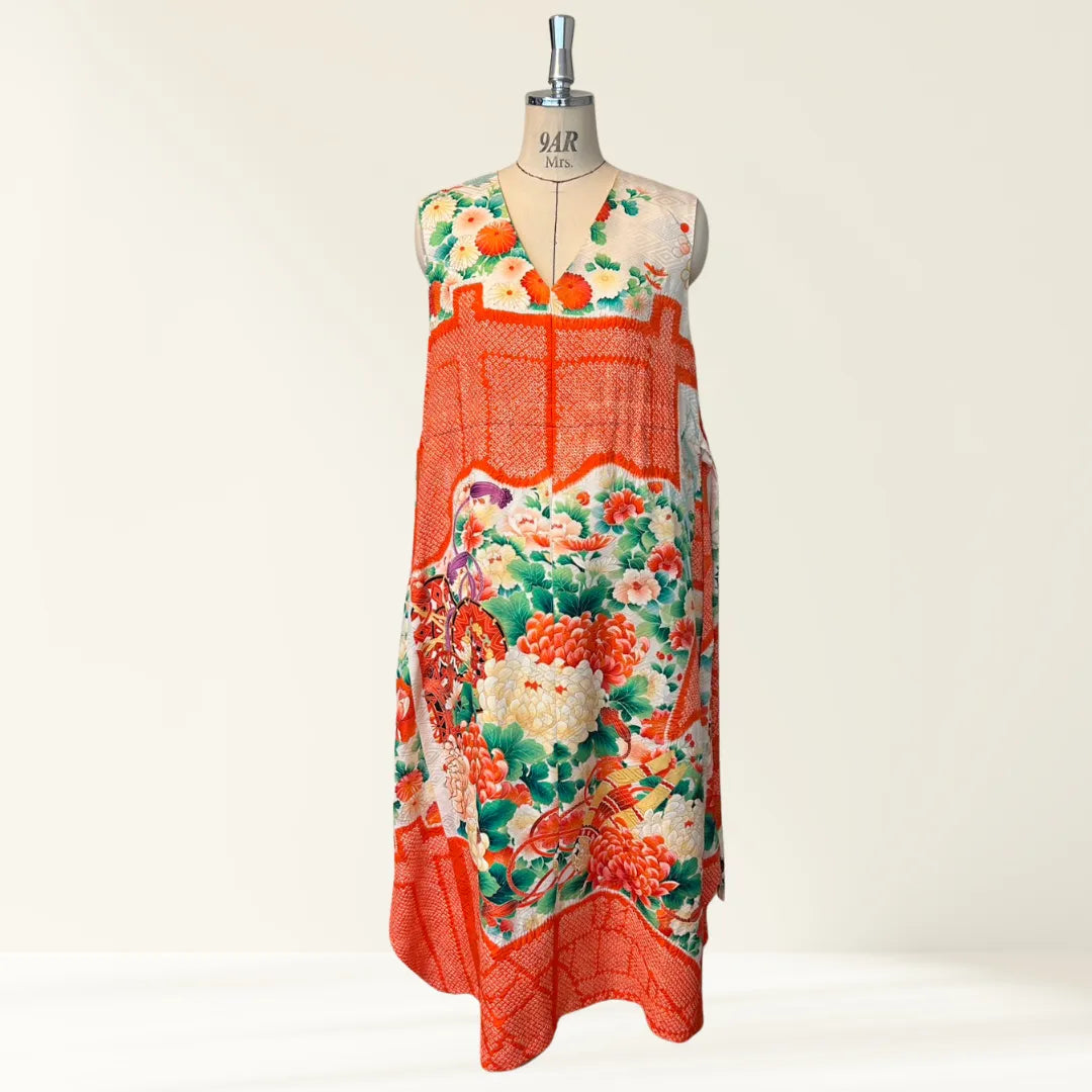 Kimono Dress|Lined Orange Shibori Floral A-Line Maxi Dress