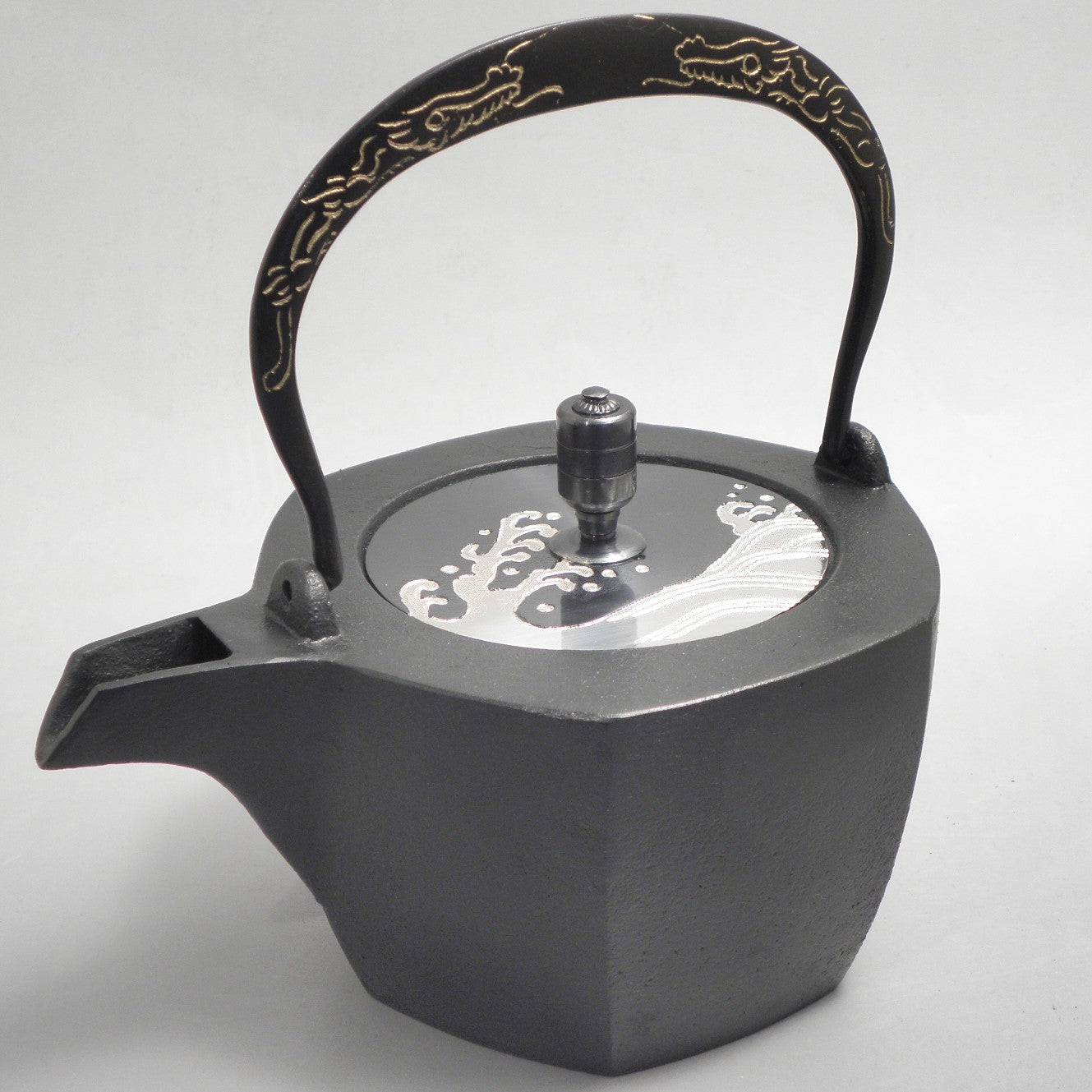 Hato Black Silver Hexagonal Tetsubin with Black Dragon Handle