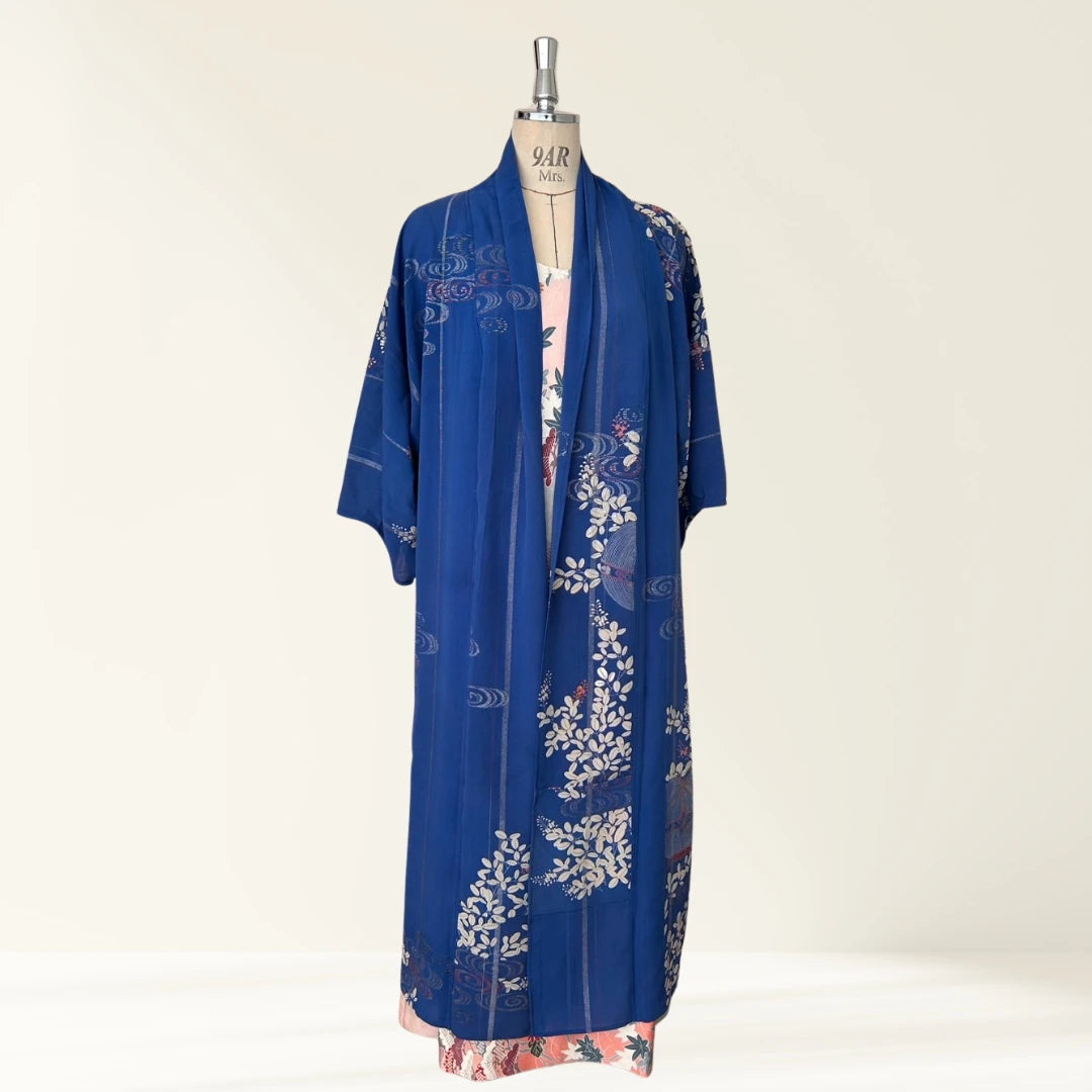 KIMONO Robe | HAGOROMO Long Robe Made from a Summer Kimono (Autumn Grass & Insect Cage Pattern / Blue)