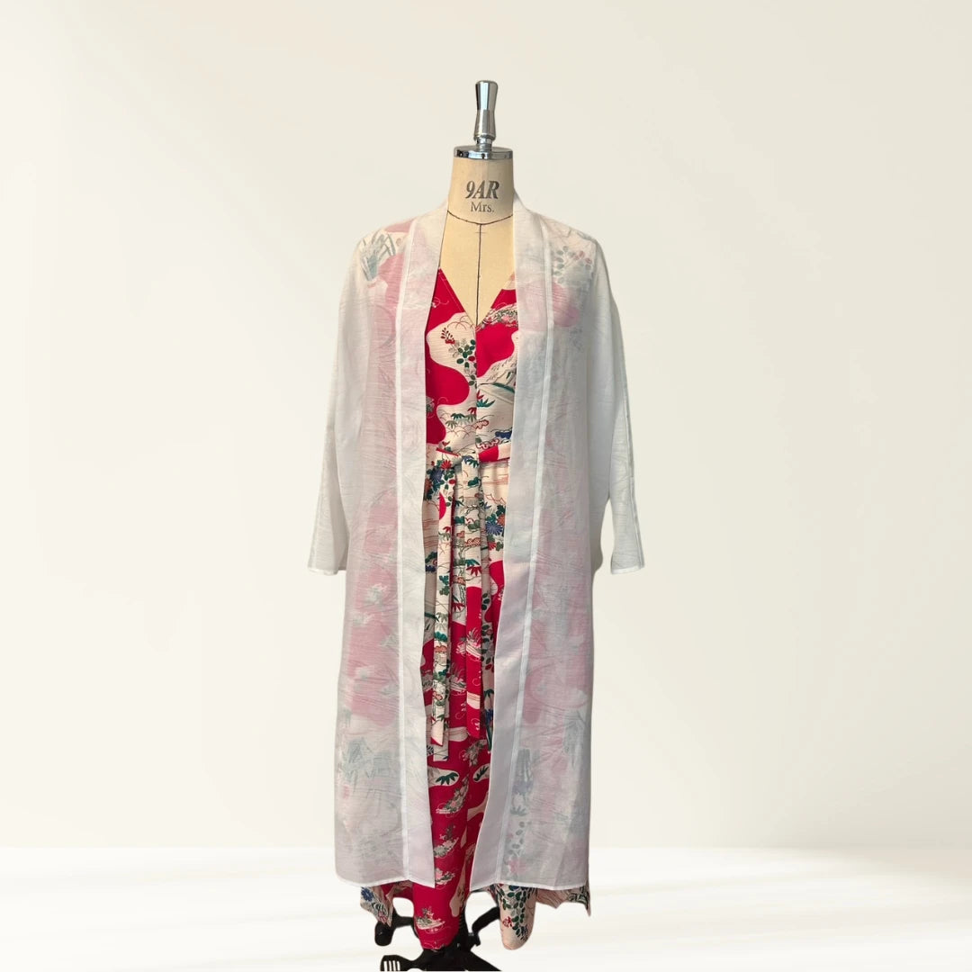 KIMONO Robe | HAGOROMO Sheer Long Robe (Autumn Grass & Flowing Water Pattern / White)