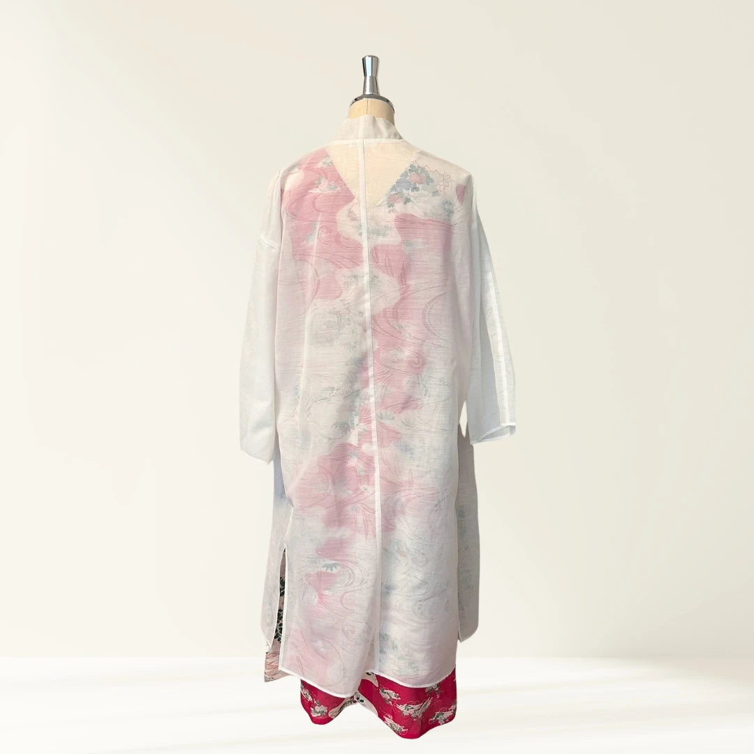 KIMONO Robe | HAGOROMO Sheer Long Robe (Autumn Grass & Flowing Water Pattern / White)