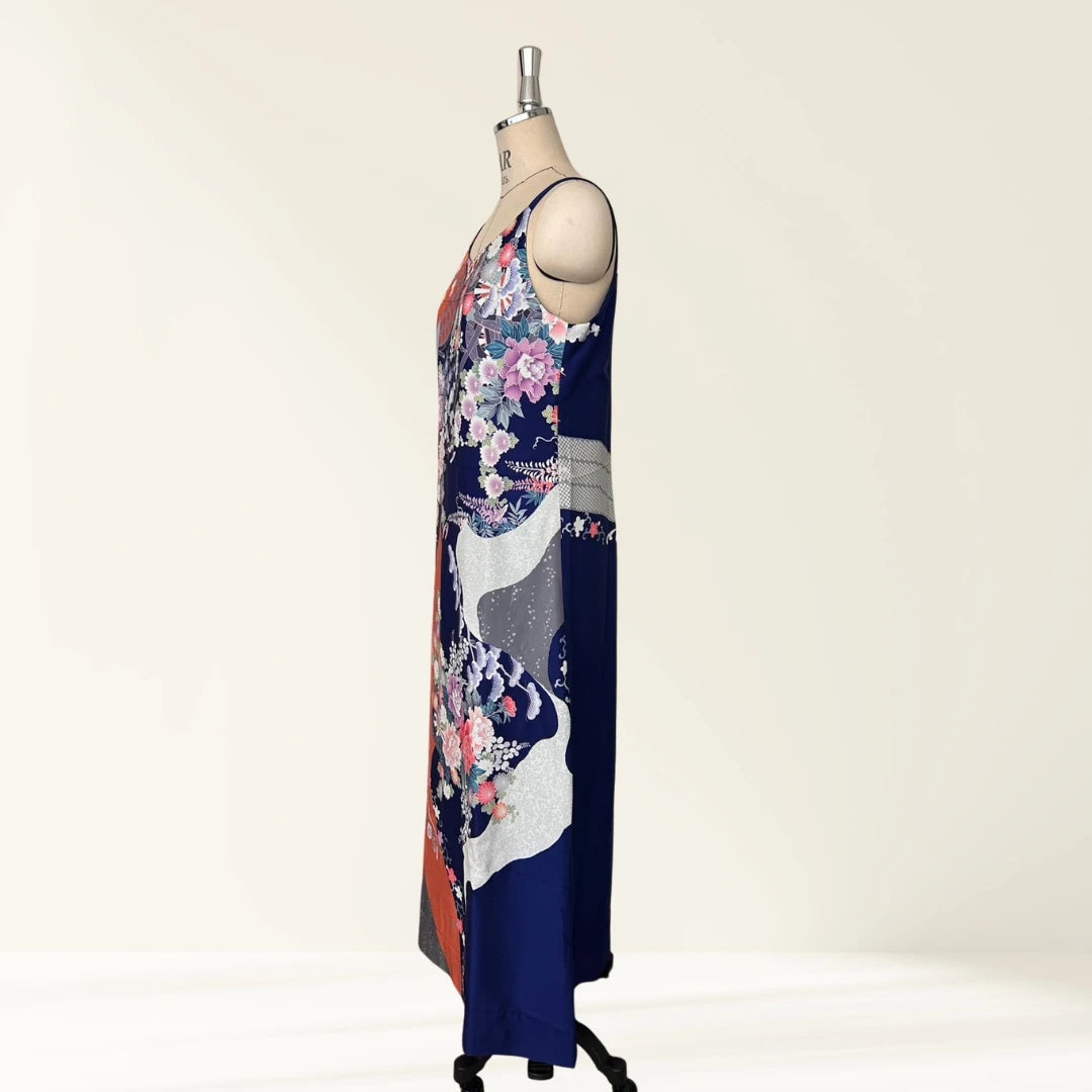 KIMONO Dress | 3/4 Sleeve A-Line Maxi Dress with Lining & Matching Scarf (Four Seasons Floral Pattern / Blue)