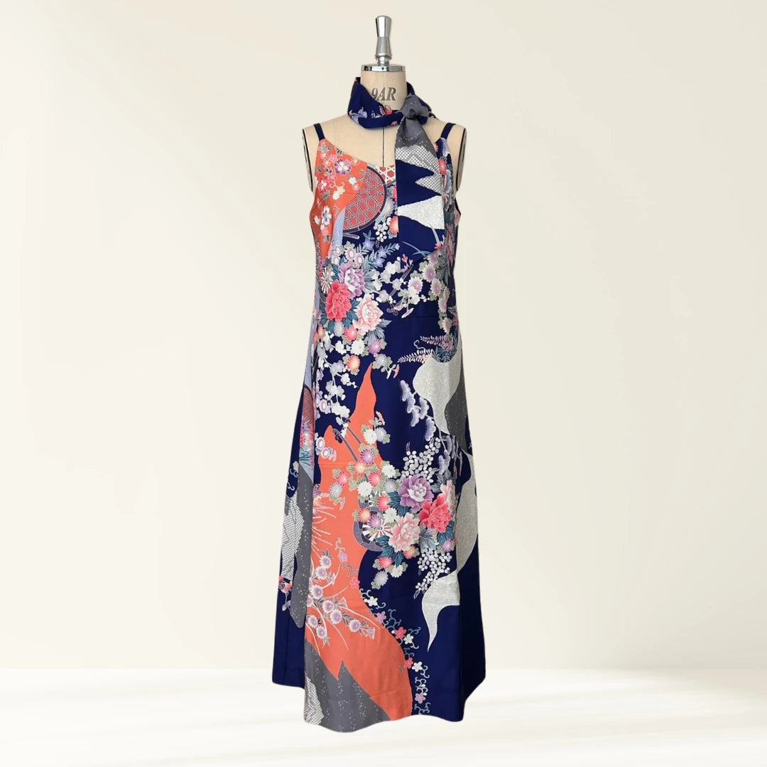 KIMONO Dress | 3/4 Sleeve A-Line Maxi Dress with Lining & Matching Scarf (Four Seasons Floral Pattern / Blue)