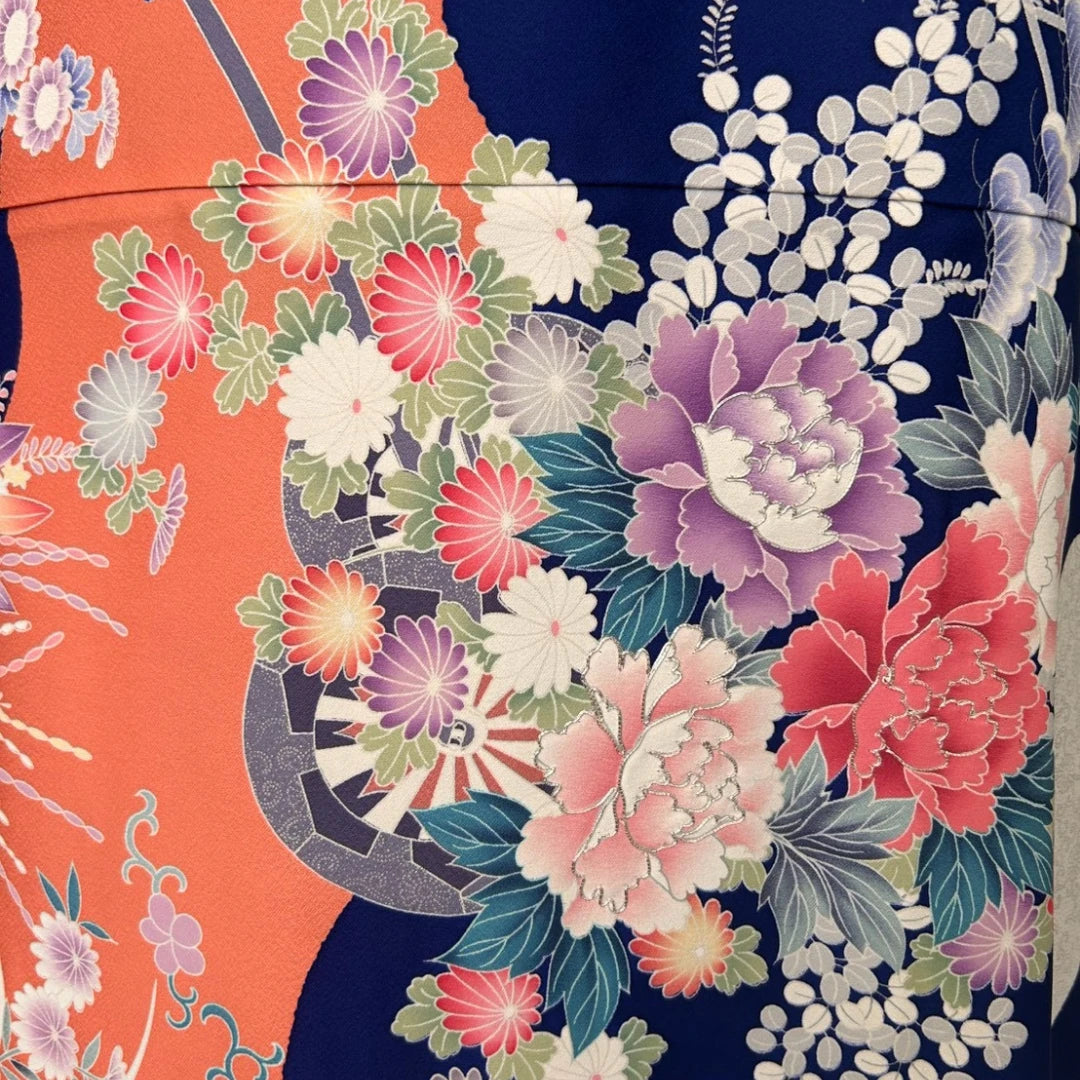 KIMONO Dress | 3/4 Sleeve A-Line Maxi Dress with Lining & Matching Scarf (Four Seasons Floral Pattern / Blue)