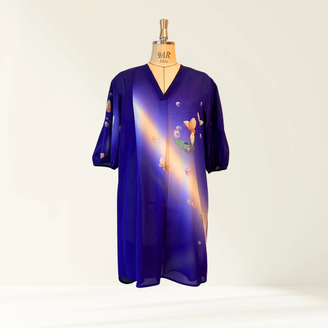 KIMONO Tunic | 3/4 Sleeve Tunic with Matching Scarf, Unlined (Butterfly Pattern / Blue)