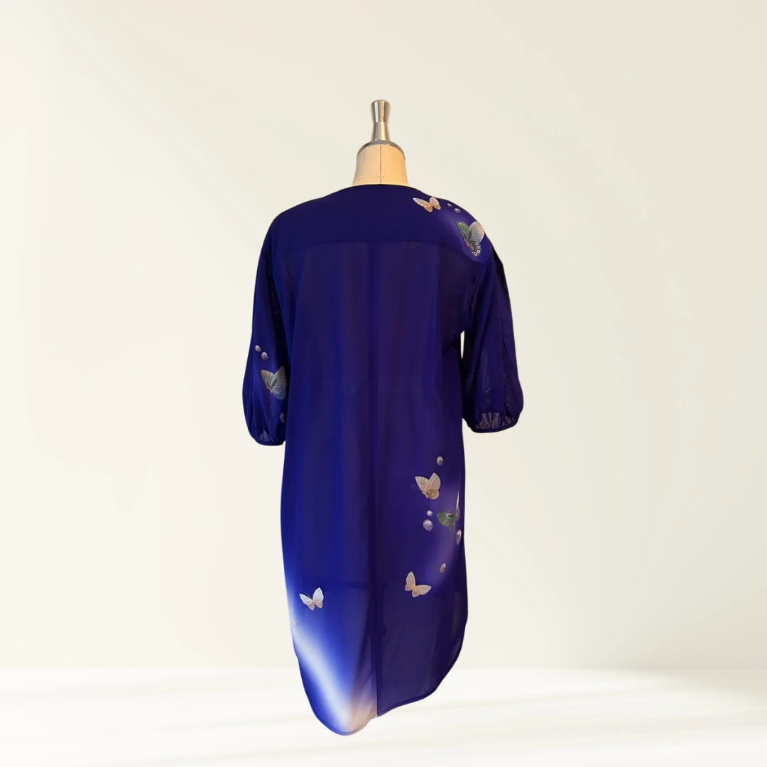 KIMONO Tunic | 3/4 Sleeve Tunic with Matching Scarf, Unlined (Butterfly Pattern / Blue)