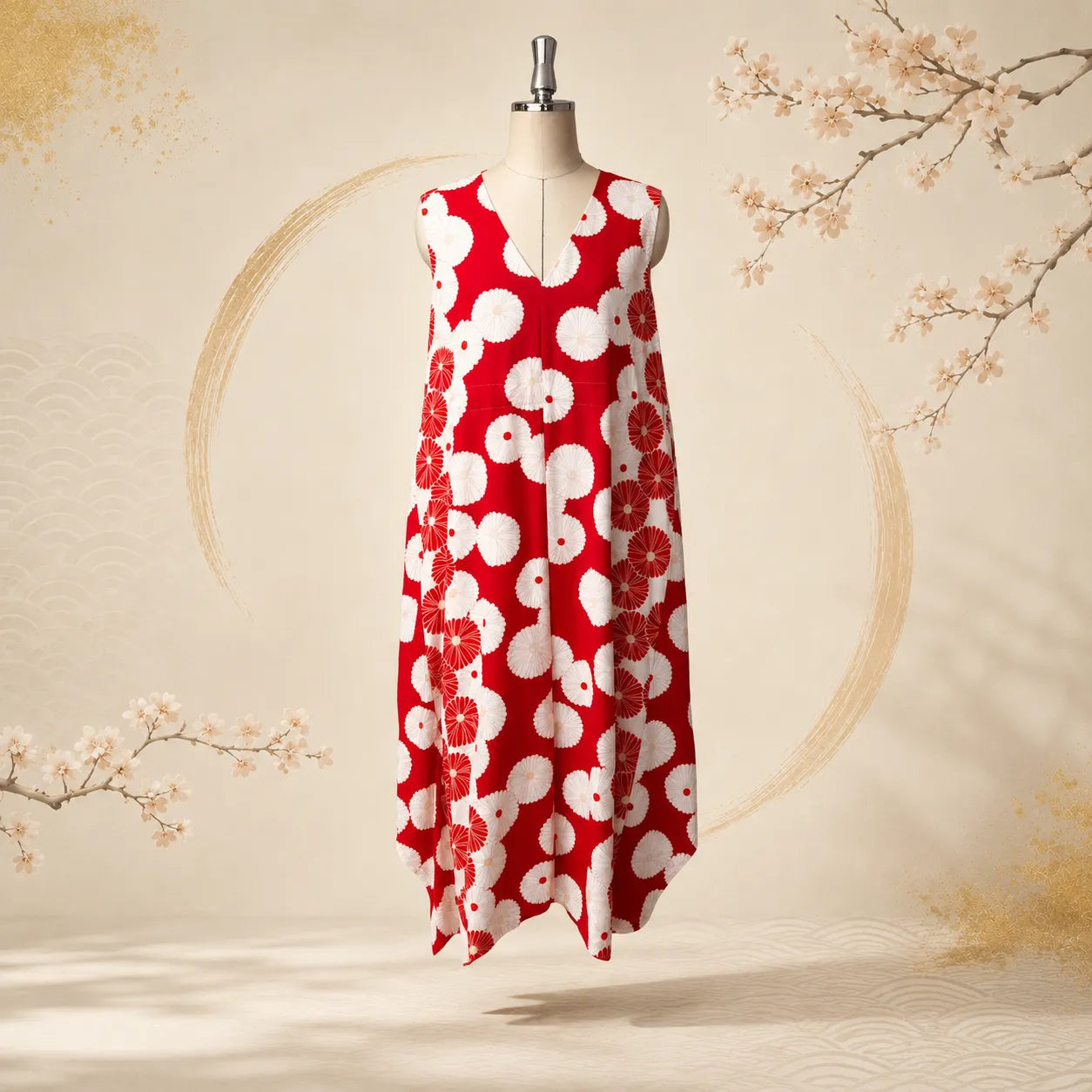 Kimono Dress|Red & White Chrysanthemum A-Line Maxi Dress