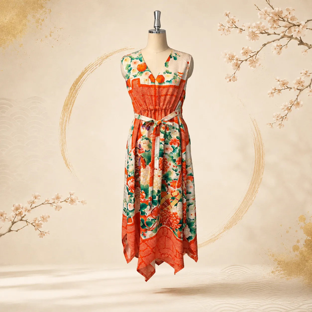 Kimono Dress|Lined Orange Shibori Floral A-Line Maxi Dress