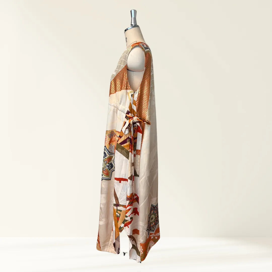 Kimono Dress｜Lined Beige Geometric A-Line Maxi Dress