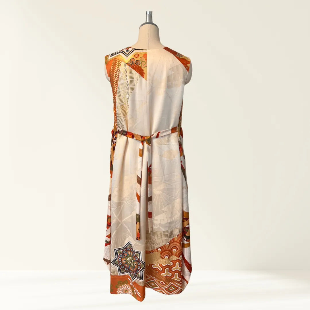 Kimono Dress｜Lined Beige Geometric A-Line Maxi Dress