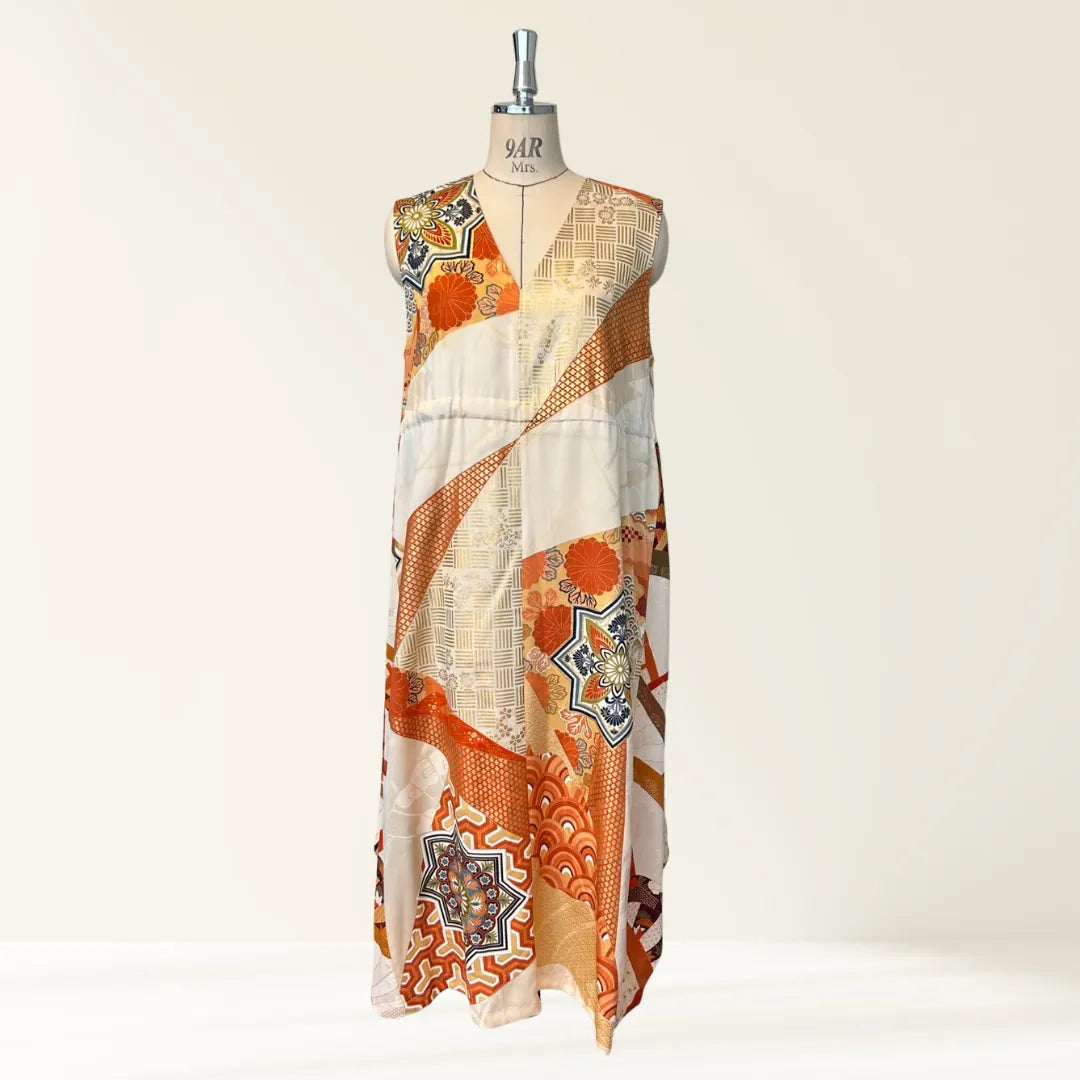 Kimono Dress｜Lined Beige Geometric A-Line Maxi Dress