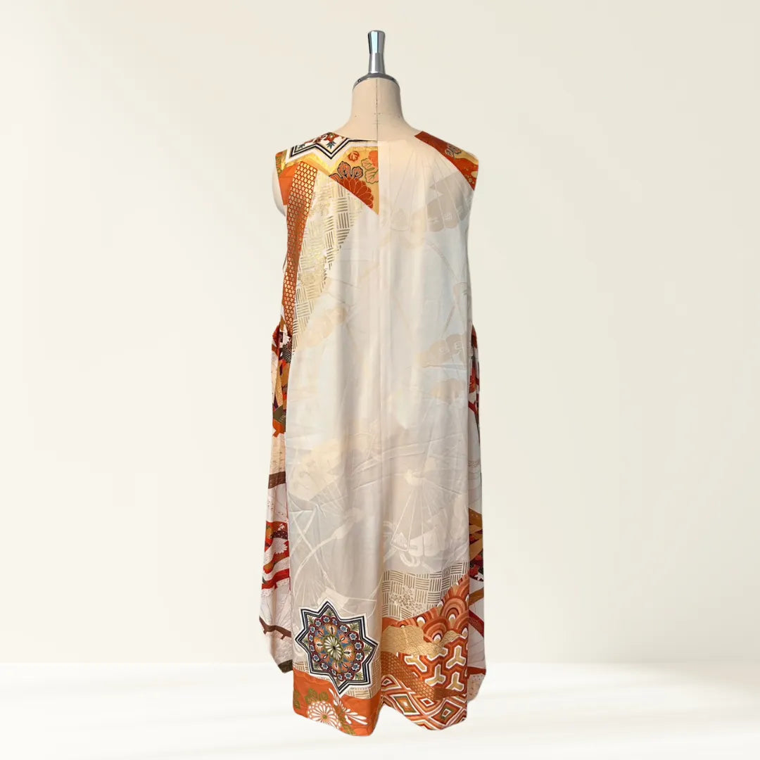 Kimono Dress｜Lined Beige Geometric A-Line Maxi Dress