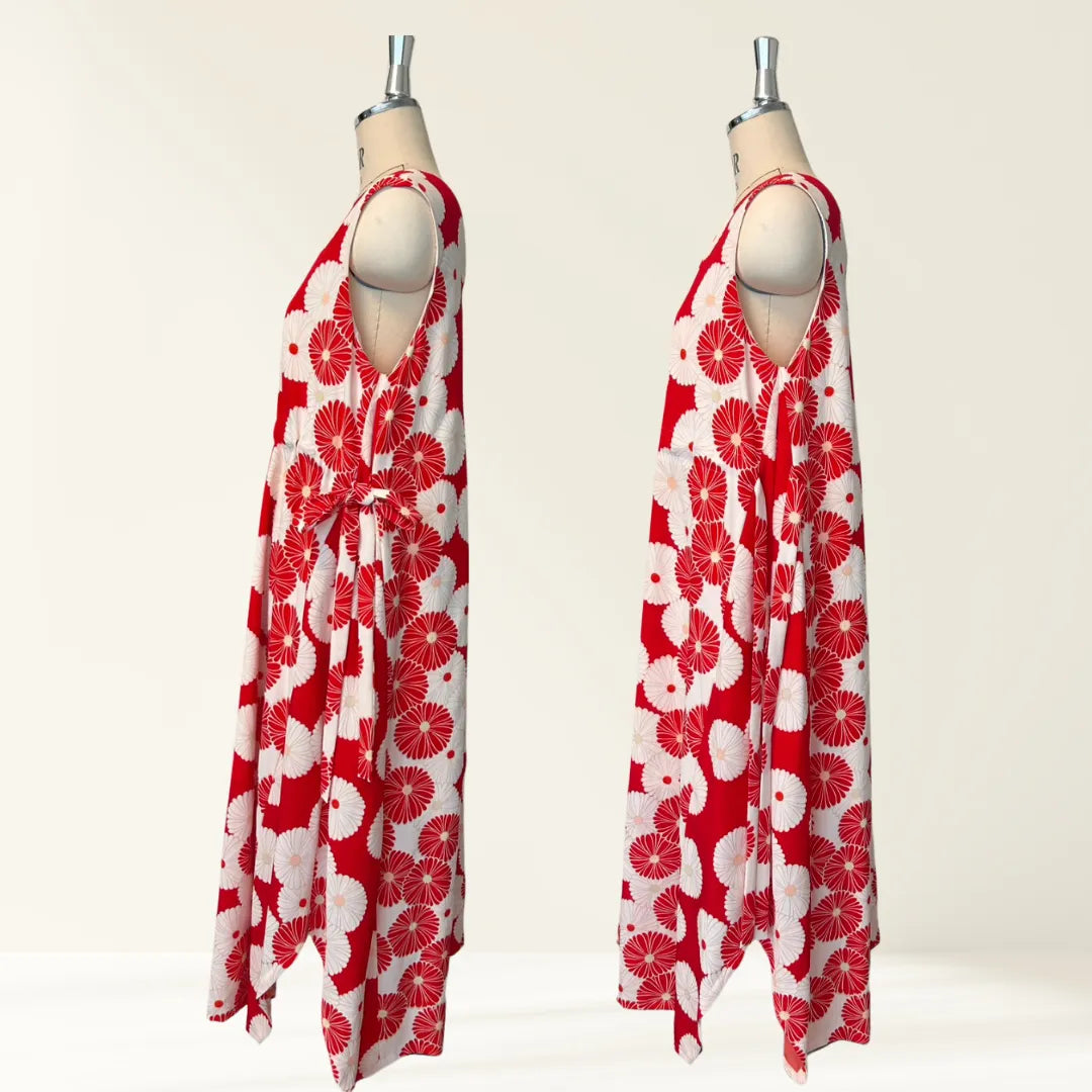 Kimono Dress｜Red & White Chrysanthemum A-Line Maxi Dress
