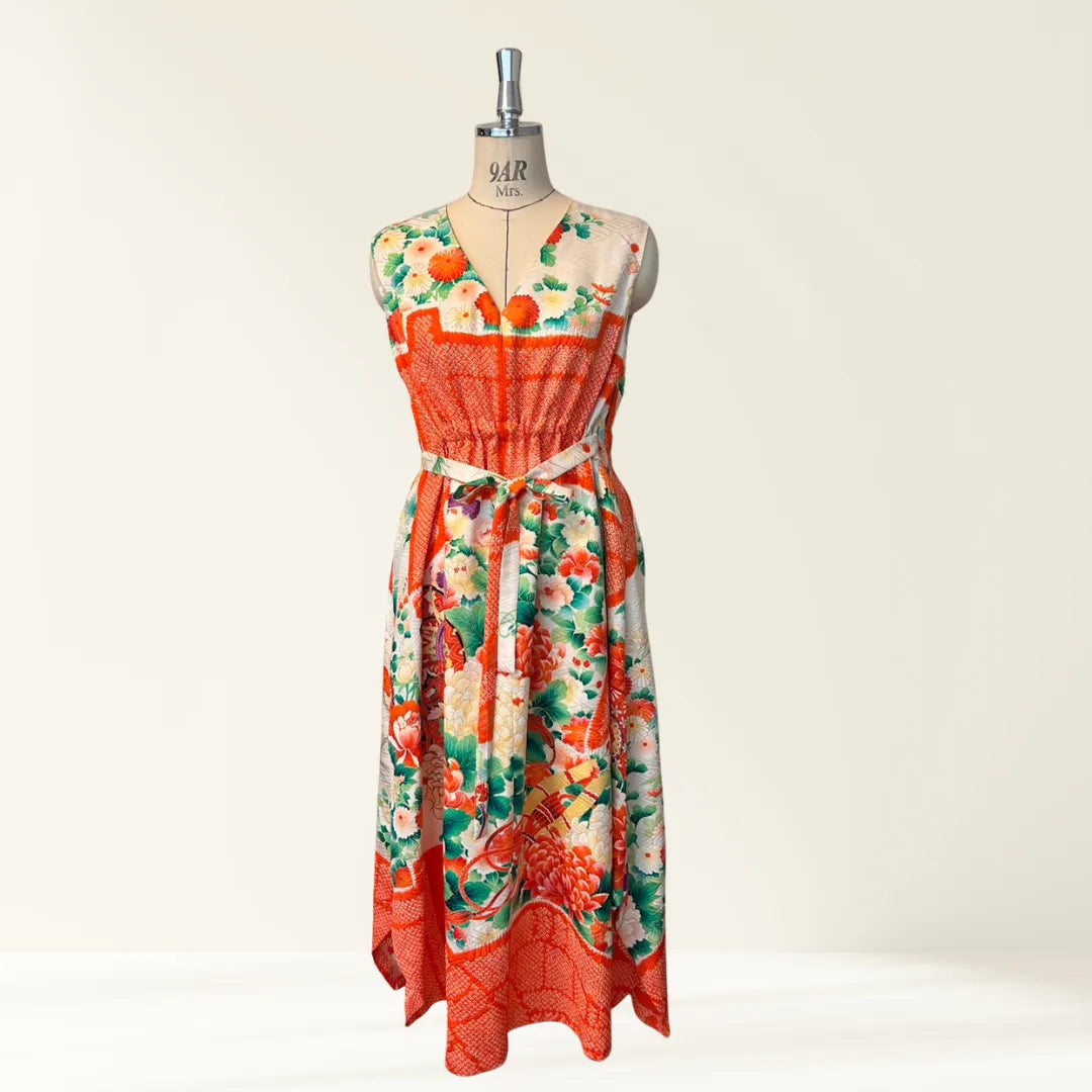Kimono Dress｜Lined Orange Shibori Floral A-Line Maxi Dress