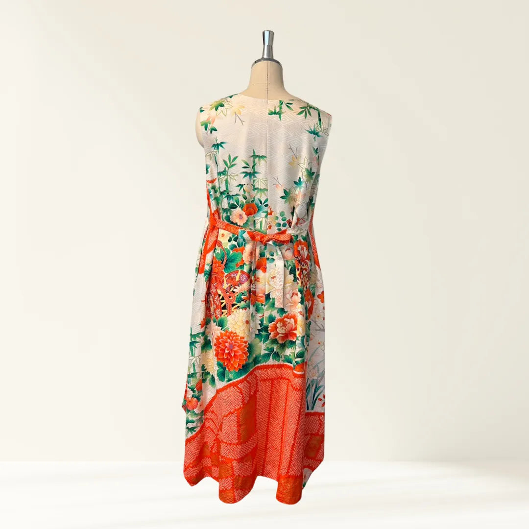 Kimono Dress｜Lined Orange Shibori Floral A-Line Maxi Dress