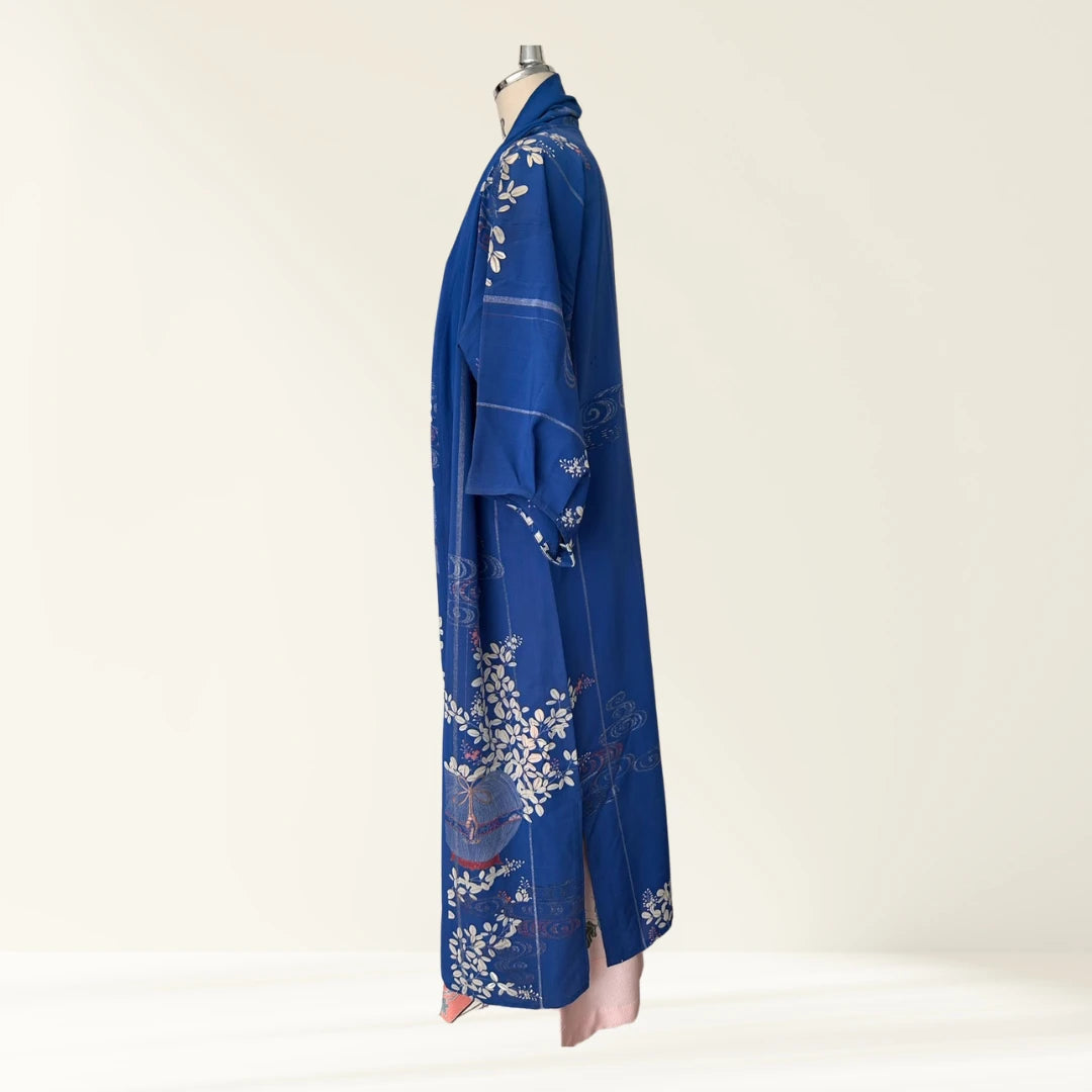 KIMONO Robe | HAGOROMO Long Robe Made from a Summer Kimono (Autumn Grass & Insect Cage Pattern / Blue)