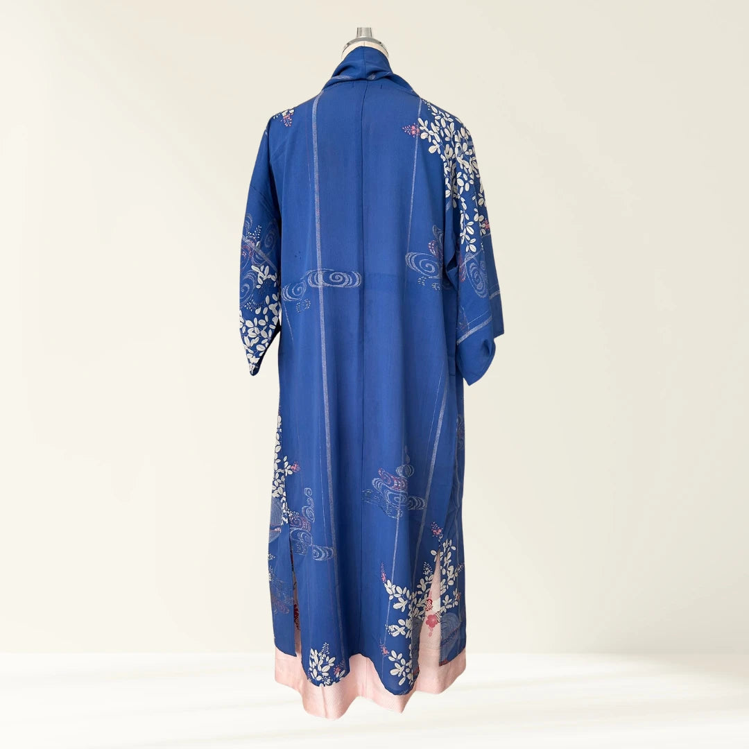KIMONO Robe | HAGOROMO Long Robe Made from a Summer Kimono (Autumn Grass & Insect Cage Pattern / Blue)