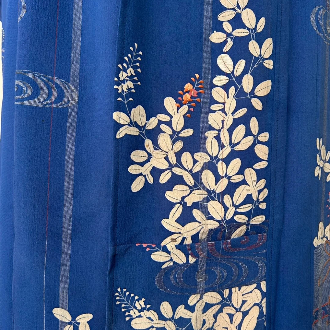 KIMONO Robe | HAGOROMO Long Robe Made from a Summer Kimono (Autumn Grass & Insect Cage Pattern / Blue)