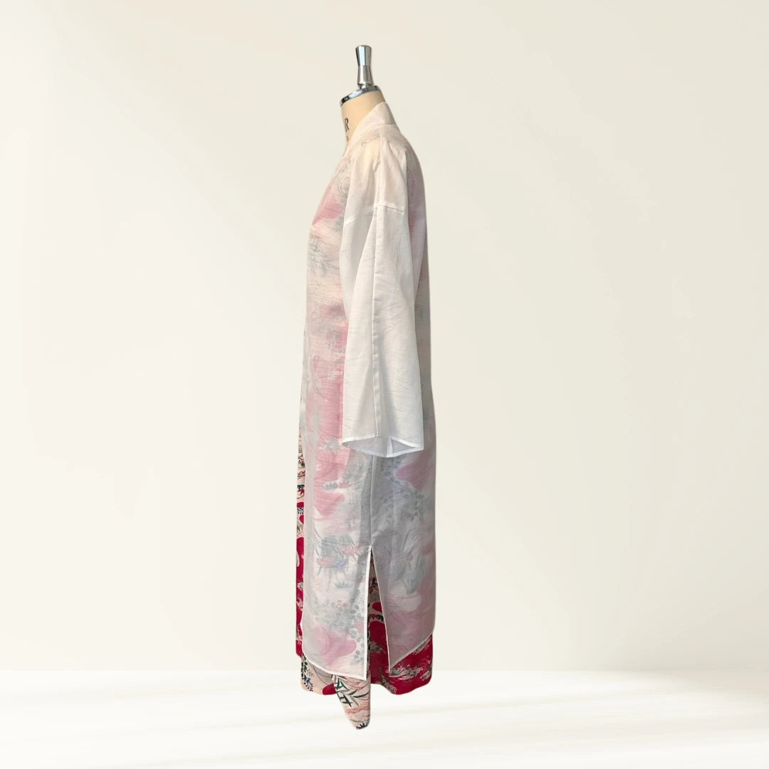 KIMONO Robe | HAGOROMO Sheer Long Robe (Autumn Grass & Flowing Water Pattern / White)