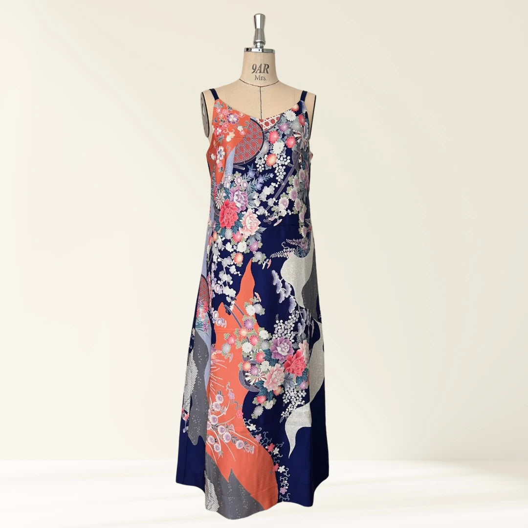 KIMONO Dress | 3/4 Sleeve A-Line Maxi Dress with Lining & Matching Scarf (Four Seasons Floral Pattern / Blue)