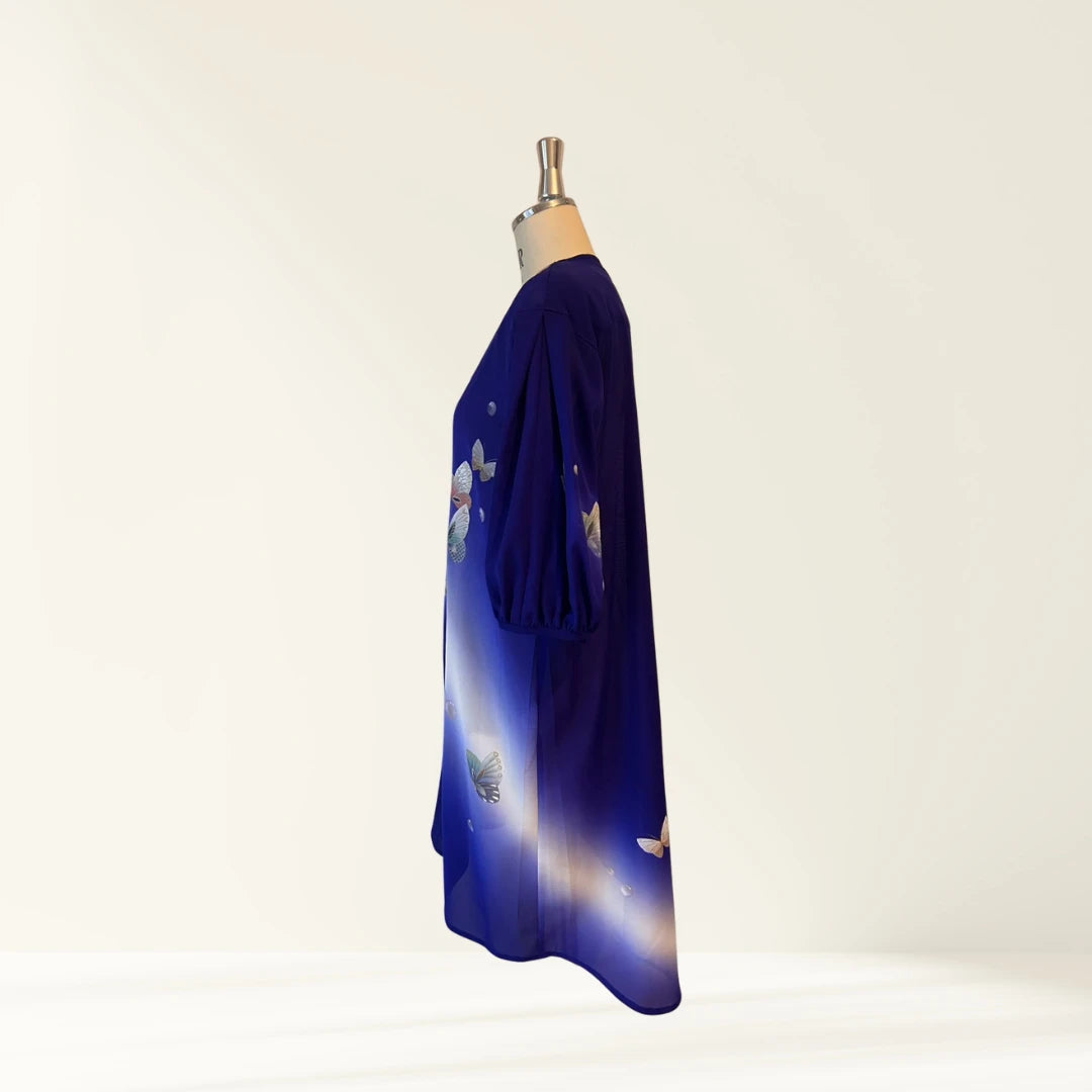 KIMONO Tunic | 3/4 Sleeve Tunic with Matching Scarf, Unlined (Butterfly Pattern / Blue)