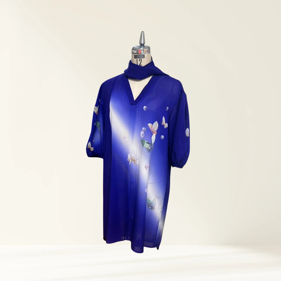 KIMONO Tunic | 3/4 Sleeve Tunic with Matching Scarf, Unlined (Butterfly Pattern / Blue)