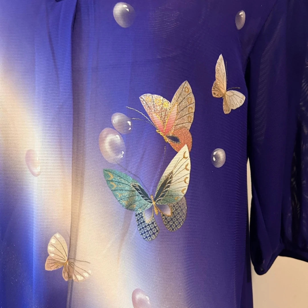 KIMONO Tunic | 3/4 Sleeve Tunic with Matching Scarf, Unlined (Butterfly Pattern / Blue)