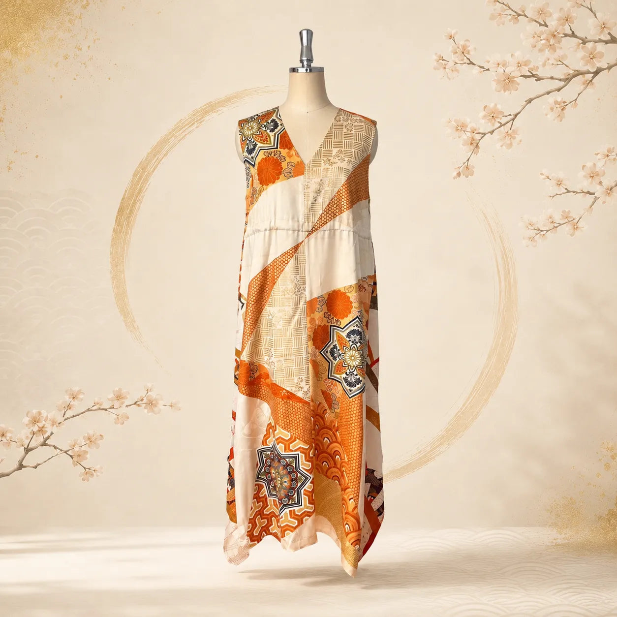 Kimono Dress｜Lined Beige Geometric A-Line Maxi Dress
