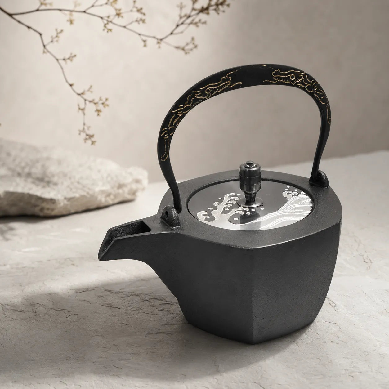 Hato Black Silver Hexagonal Tetsubin with Black Dragon Handle