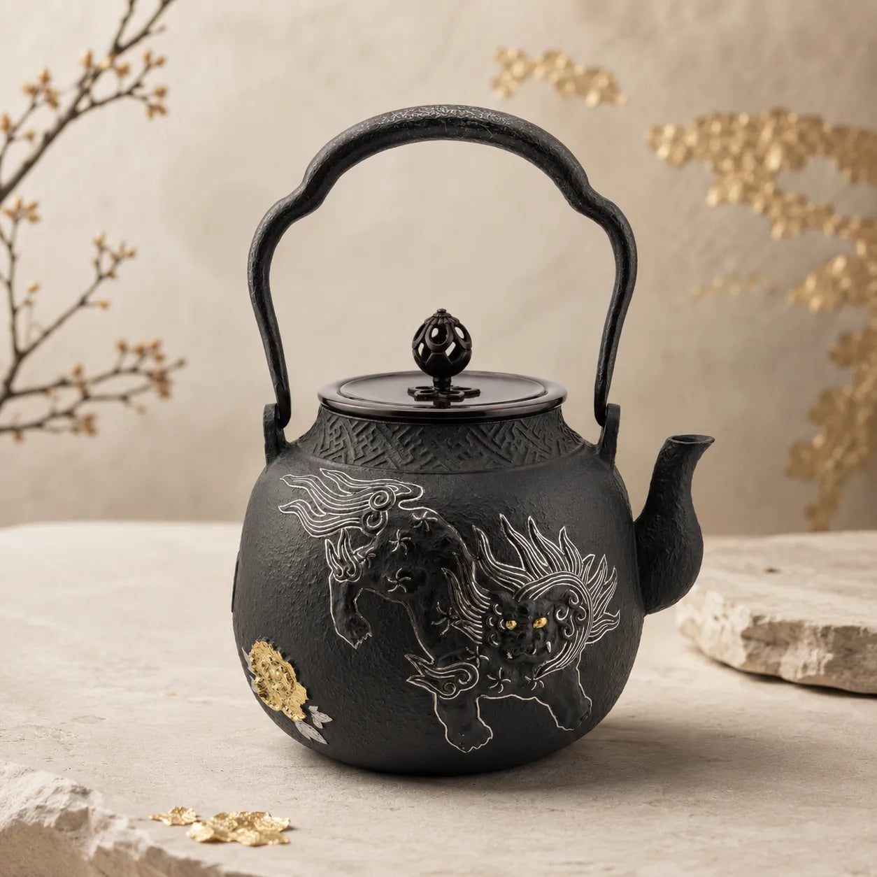 Chinese Lion and Peony Inlay Tetsubin